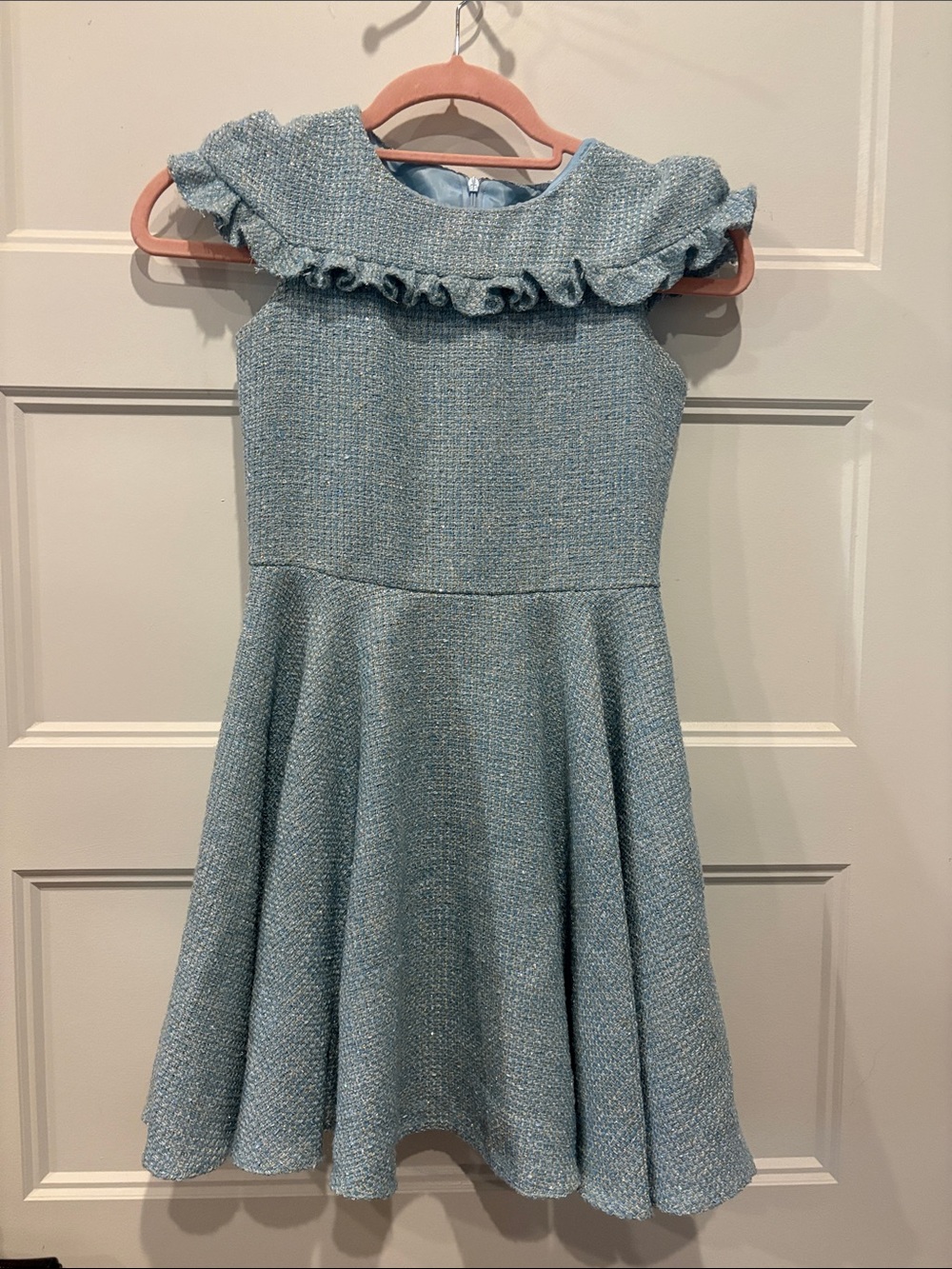Girls' Sky Blue Ruffle Collar Formal Tweed Dress